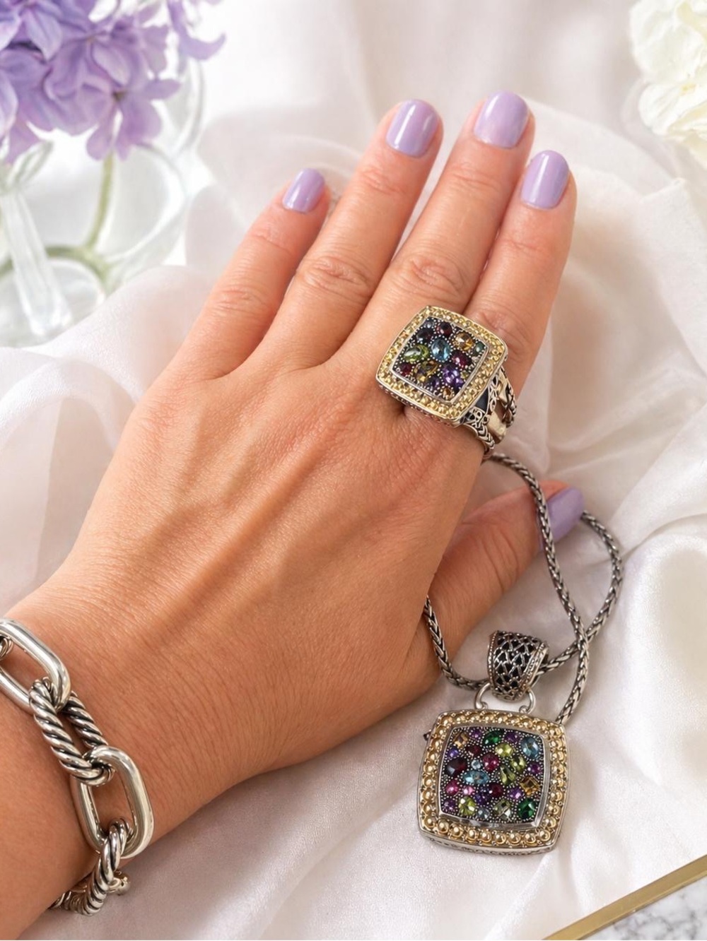 Effy Multicolor Gemstone Square Pendant and Ring Set - Women Jewelry NWT